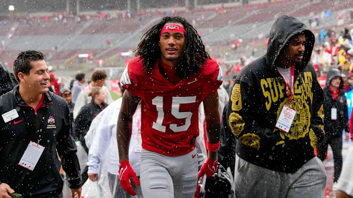 Wide receiver Chris Henry Jr. (15) walks off the field in the rain after the Ohio State football spring game at Ohio Stadium on Saturday, April 18, 2026 in Columbus, Ohio.