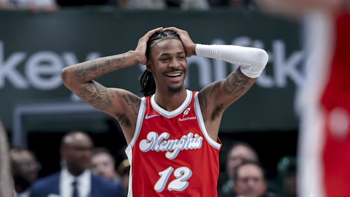 Mar 7, 2025; Dallas, Texas, USA; Memphis Grizzlies guard Ja Morant (12) reacts against the Dallas Mavericks during the second half at American Airlines Center. Mandatory Credit: Kevin Jairaj-Imagn Images Mar 7, 2025; Dallas, Texas, USA; Memphis Grizzlies guard Ja Morant (12) reacts against the Dallas Mavericks during the second half at American Airlines Center. Mandatory Credit: Kevin Jairaj-Imagn Images