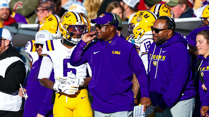 Nov 29, 2025; Norman, Oklahoma, USA;  Louisiana State Tigers head coach Frank Wilson reacts during the first half against the Louisiana State Tigers at Gaylord Family-Oklahoma Memorial Stadium. Mandatory Credit: Kevin Jairaj-Imagn Images