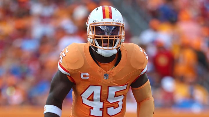 Oct 15, 2023; Tampa, Florida, USA; Tampa Bay Buccaneers linebacker Devin White (45) against the Detroit Lions during the first half at Raymond James Stadium. Mandatory Credit: Kim Klement Neitzel-Imagn Images Oct 15, 2023; Tampa, Florida, USA; Tampa Bay Buccaneers linebacker Devin White (45) against the Detroit Lions during the first half at Raymond James Stadium. Mandatory Credit: Kim Klement Neitzel-Imagn Images