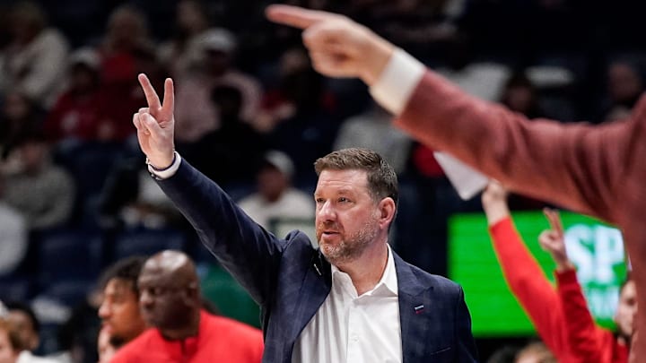 Mississippi coach Chris Beard works with his team during the second half of a SEC tournament semifinal game against Arkansas at Bridgestone Arena in Nashville, Tenn., Saturday, March 14, 2026.