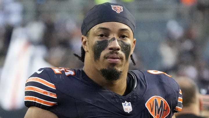 Sep 21, 2025; Chicago, Illinois, USA;  Chicago Bears defensive end Daniel Hardy (92) after the game against the Dallas Cowboys at Soldier Field. Mandatory Credit: David Banks-Imagn Images