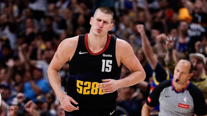 May 14, 2024; Denver, Colorado, USA; Denver Nuggets center Nikola Jokic (15) reacts after a play in the second quarter against the Minnesota Timberwolves during game five of the second round for the 2024 NBA playoffs at Ball Arena. Mandatory Credit: Isaiah J. Downing-Imagn Images