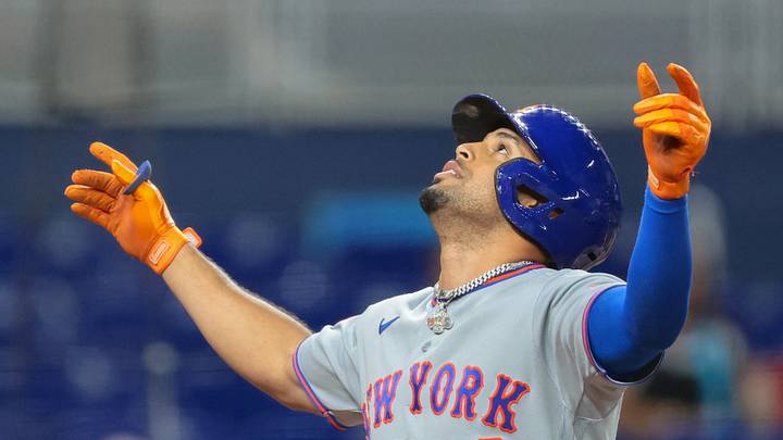 Sep 9, 2026; Miami, Florida, USA; New York Mets first baseman Christopher Morel (28) reacts at home plate after hitting a two-run home run against the Miami Marlins during the third inning  at loanDepot Park. Mandatory Credit: Sam Navarro-Imagn Images