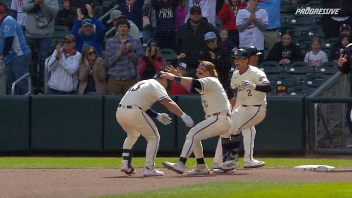 Harrison Bader and Brooks Lee celebrate with Ty France after France's walkoff hit to beat the Mets on Wednesday. Harrison Bader and Brooks Lee celebrate with Ty France after France's walkoff hit to beat the Mets on Wednesday.