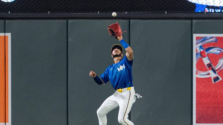 Jun 5, 2026; Minneapolis, Minnesota, USA; Minnesota Twins right fielder Austin Martin (16) catches a fly ball hit by Kansas City Royals second baseman Michael Massey (19) in the seventh inning at Target Field. Mandatory Credit: Matt Blewett-Imagn Images Jun 5, 2026; Minneapolis, Minnesota, USA; Minnesota Twins right fielder Austin Martin (16) catches a fly ball hit by Kansas City Royals second baseman Michael Massey (19) in the seventh inning at Target Field. Mandatory Credit: Matt Blewett-Imagn Images