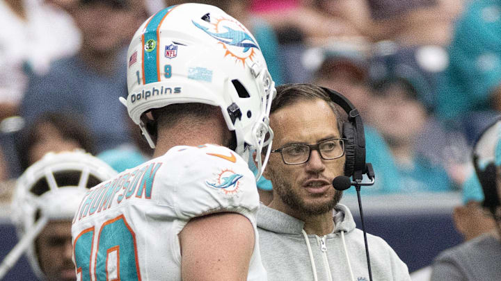 Aug 19, 2023; Houston, Texas, USA; Miami Dolphins quarterback Skylar Thompson (19) talks with head