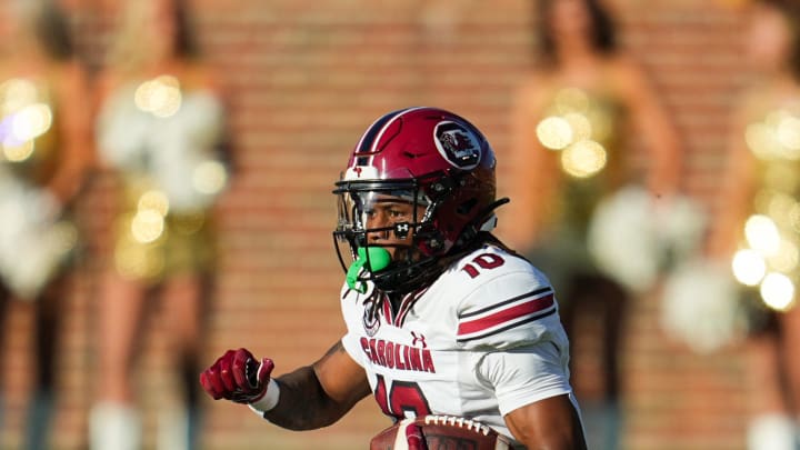 Oct 21, 2023; Columbia, Missouri, USA; South Carolina Gamecocks wide receiver Ahmarean Brown (10) runs with the ball during the second half against the Missouri Tigers at Faurot Field at Memorial Stadium. Mandatory Credit: Jay Biggerstaff-USA TODAY Sports