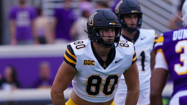 Sep 14, 2024; Greenville, North Carolina, USA;  Appalachian State Mountaineers tight end Max Drag (80) looks on against the East Carolina Pirates during the first half at Dowdy-Ficklen Stadium. Mandatory Credit: James Guillory-Imagn Images