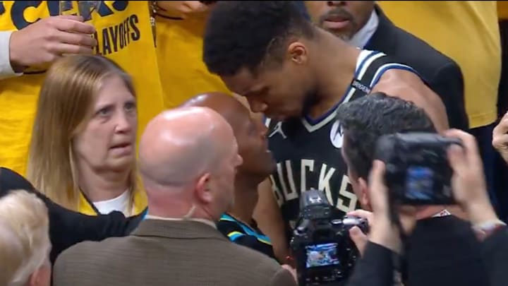Giannis Antetokounmpo exchanges words with Tyrese Haliburton’s father after the Pacers beat the Bucks.