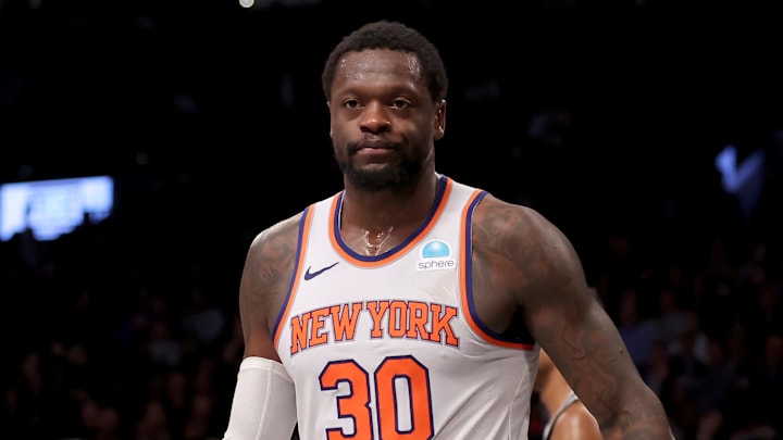 Jan 23, 2024; Brooklyn, New York, USA; New York Knicks forward Julius Randle (30) reacts during the