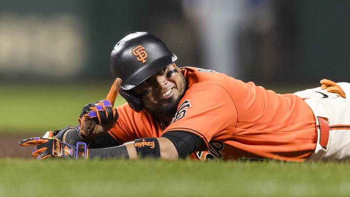 Jun 12, 2026; San Francisco, California, USA; San Francisco Giants second baseman Luis Arraez (1) gestures after he is called out at first base during the sixth inning against against the Chicago Cubs at Oracle Park. Mandatory Credit: John Hefti-Imagn Images