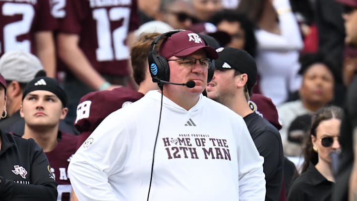 Texas A&M Aggies head coach Mike Elko reacts during the first quarter during the first round of the CFP National Playoff against the Miami Hurricanes at Kyle Field.