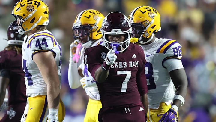 Oct 25, 2025; Baton Rouge, Louisiana, USA; Texas A&M Aggies wide receiver KC Concepcion (7) celebrates after a first down during the first half against the Louisiana State Tigers at Tiger Stadium. Mandatory Credit: Stephen Lew-Imagn Images Oct 25, 2025; Baton Rouge, Louisiana, USA; Texas A&M Aggies wide receiver KC Concepcion (7) celebrates after a first down during the first half against the Louisiana State Tigers at Tiger Stadium. Mandatory Credit: Stephen Lew-Imagn Images