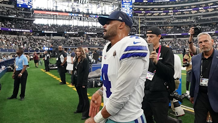 Dallas Cowboys quarterback Dak Prescott walks off the field after the game against the New York Giants 