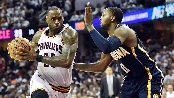 Apr 17, 2017; Cleveland, OH, USA; Cleveland Cavaliers forward LeBron James (23) drives to the basket against Indiana Pacers forward CJ Miles (0) during the second half in game two of the first round of the 2017 NBA Playoffs at Quicken Loans Arena. The Cavs won 117-111. Mandatory Credit: Ken Blaze-Imagn Images Apr 17, 2017; Cleveland, OH, USA; Cleveland Cavaliers forward LeBron James (23) drives to the basket against Indiana Pacers forward CJ Miles (0) during the second half in game two of the first round of the 2017 NBA Playoffs at Quicken Loans Arena. The Cavs won 117-111. Mandatory Credit: Ken Blaze-Imagn Images