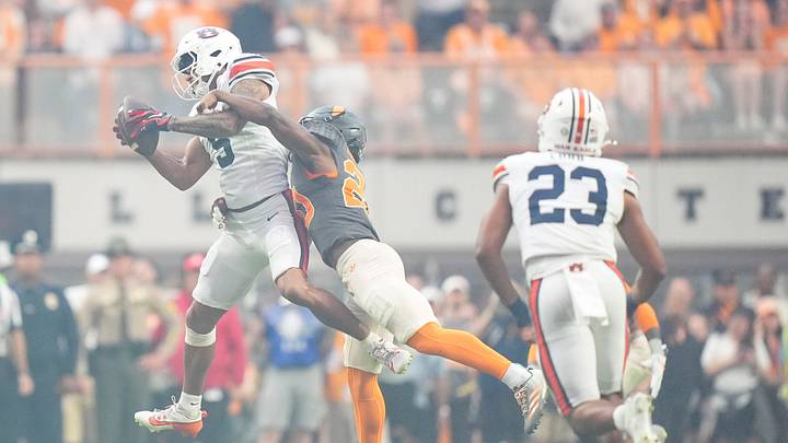 Auburn wide receiver Chas Nimrod (5) catches a pass during a game between Tennessee and Auburn in Neyland Stadium in Knoxville, Tennessee, Oct. 3, 2026. Auburn wide receiver Chas Nimrod (5) catches a pass during a game between Tennessee and Auburn in Neyland Stadium in Knoxville, Tennessee, Oct. 3, 2026.
