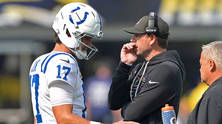 Oct 19, 2025; Inglewood, California, USA; Indianapolis Colts quarterback Daniel Jones (17) talks with head coach Shane Steichen during a stoppage in play in the first half against the Los Angeles Chargers at SoFi Stadium. Mandatory Credit: Jayne Kamin-Oncea-Imagn Images Oct 19, 2025; Inglewood, California, USA; Indianapolis Colts quarterback Daniel Jones (17) talks with head coach Shane Steichen during a stoppage in play in the first half against the Los Angeles Chargers at SoFi Stadium. Mandatory Credit: Jayne Kamin-Oncea-Imagn Images