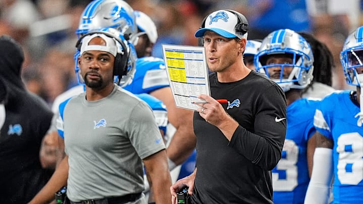 Detroit Lions offensive coordinator Ben Johnson calls a play against Pittsburgh Steelers during the first half of a preseason game at Ford Field in Detroit on Saturday, August 24, 2024.