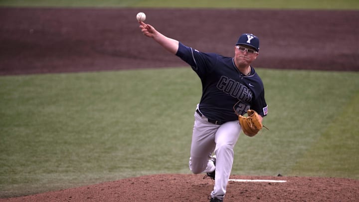 BYU's Jake Porter (29) pitches against Texas Tech in game three of their Big 12 baseball series.