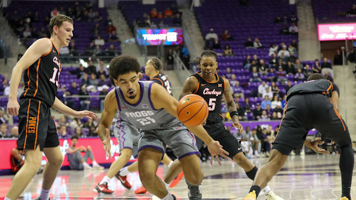 TCU's Noah Reynolds drives towards the basket in the win over Oklahoma State on February 12.
