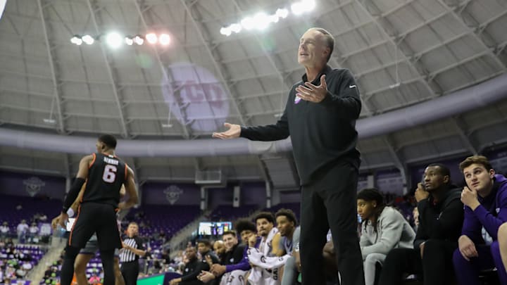 TCU Head Coach Jamie Dixon appealing a call against Oklahoma State 02/12/2025