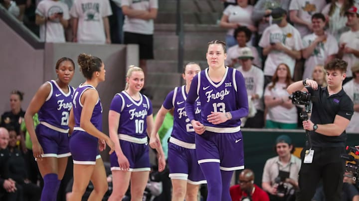 TCU women's basketball walks on the floor against Baylor on Sunday, March 2, 2025 in Foster Pavilion. TCU women's basketball walks on the floor against Baylor on Sunday, March 2, 2025 in Foster Pavilion.
