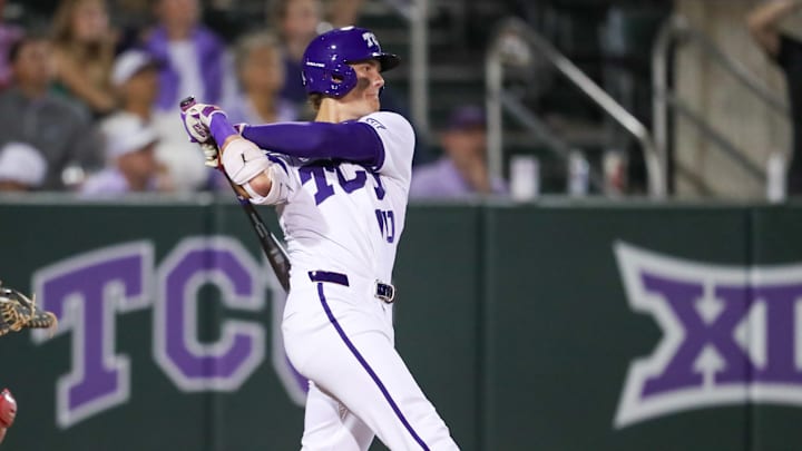 Sawyer Strosnider doubles into the gap vs the Fresno State Bulldogs.