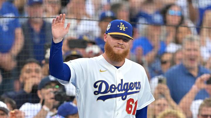 Mar 27, 2026; Los Angeles, California, USA; Los Angeles Dodgers pitcher Will Klein (61) waves during the World Series ring ceremony before the game against the Arizona Diamondbacks at Dodger Stadium. Mandatory Credit: Jayne Kamin-Oncea-Imagn Images