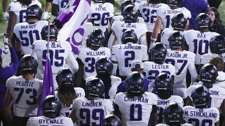 Nov 15, 2025; Provo, Utah, USA; The Texas Christian University Horned Frogs enter the field before the game against the BYU Cougars at LaVell Edwards Stadium. Mandatory Credit: Rob Gray-Imagn Images Nov 15, 2025; Provo, Utah, USA; The Texas Christian University Horned Frogs enter the field before the game against the BYU Cougars at LaVell Edwards Stadium. Mandatory Credit: Rob Gray-Imagn Images