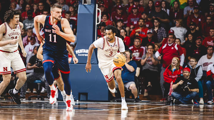 Nebraska men's basketball guard Brice Williams (3) handles the ball against Saint Mary's at the Sanford Pentagon in Sioux Falls, South Dakota.