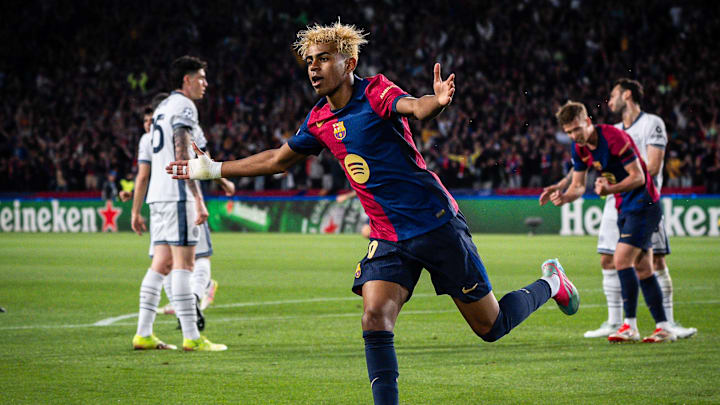 Lamine Yamal of Barcelona celebrates his goal during the UEFA Champions League match between FC Barcelona, Barca and FC Internazionale at Estadi Olimpic Lluis Companys on April 30, 2025 in Barcelona, Spain.