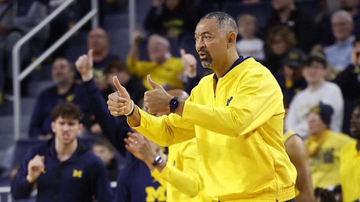 Feb 7, 2024; Ann Arbor, Michigan, USA;  Michigan Wolverines head coach Juwan Howard reacts in the