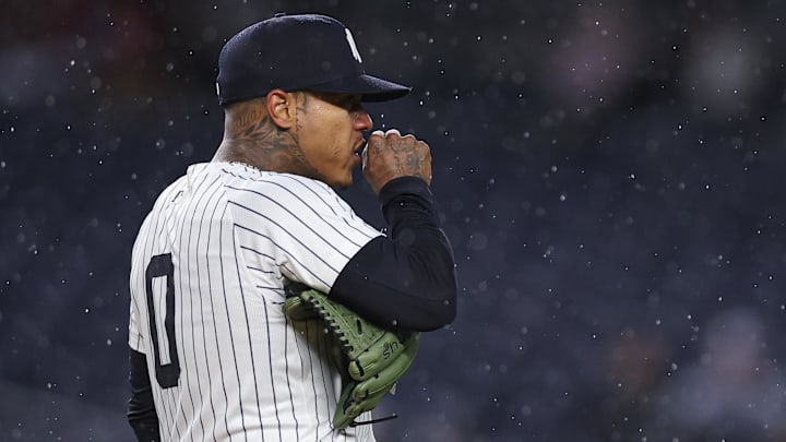 Apr 11, 2025; Bronx, New York, USA; New York Yankees starting pitcher Marcus Stroman (0) reacts during the first inning against the San Francisco Giants at Yankee Stadium. Mandatory Credit: Vincent Carchietta-Imagn Images