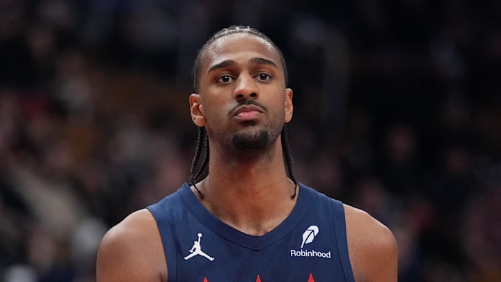 Mar 10, 2025; Toronto, Ontario, CAN; Washington Wizards center Alex Sarr (20) during a break in the action against the Toronto Raptors at Scotiabank Arena. Mandatory Credit: John E. Sokolowski-Imagn Images