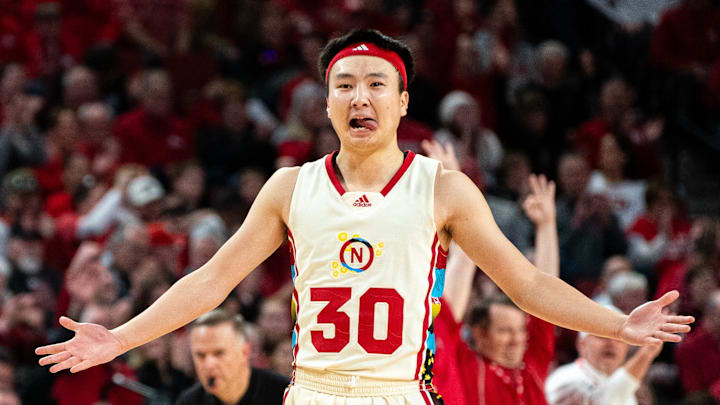 Feb 17, 2024; Lincoln, Nebraska, USA;  Nebraska Cornhuskers guard Keisei Tominaga (30) reacts during