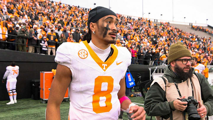 Tennessee Volunteers quarterback Nico Iamaleava (8) walks off the field after the win against the Vanderbilt Commodores during the second half at FirstBank Stadium.