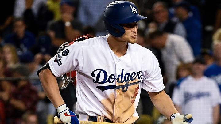 Oct 4, 2019; Los Angeles, CA, USA; Los Angeles Dodgers shortstop Corey Seager (5) strikes out to end game two of the 2019 NLDS playoff baseball series against the Washington Nationals at Dodger Stadium. Photo by Robert Hanashiro, USA TODAY Staff Oct 4, 2019; Los Angeles, CA, USA; Los Angeles Dodgers shortstop Corey Seager (5) strikes out to end game two of the 2019 NLDS playoff baseball series against the Washington Nationals at Dodger Stadium. Photo by Robert Hanashiro, USA TODAY Staff