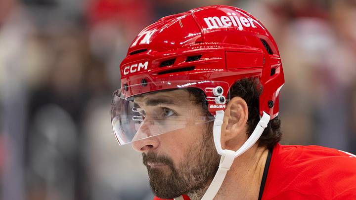 Oct 17, 2026; Detroit, Michigan, USA;  Detroit Red Wings center Dylan Larkin (71) looks on during the second period against the San Jose Sharks at Little Caesars Arena.  Mandatory Credit: Brian Bradshaw Sevald-Imagn Images