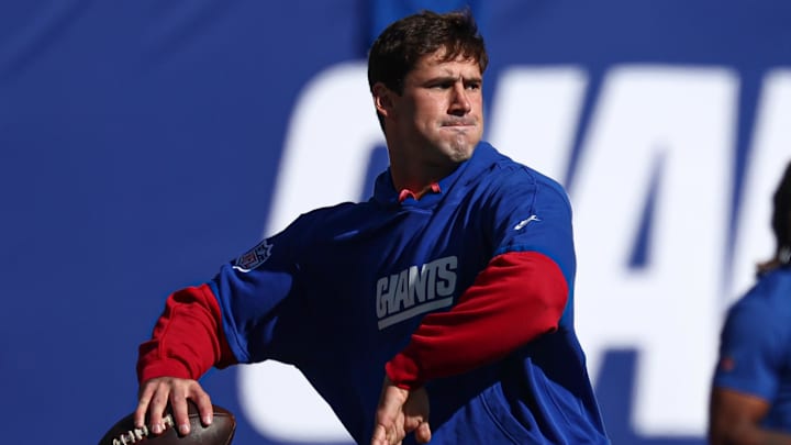 Nov 3, 2024; East Rutherford, New Jersey, USA; New York Giants quarterback Daniel Jones (8) warms up before the game against the Washington Commanders at MetLife Stadium.  