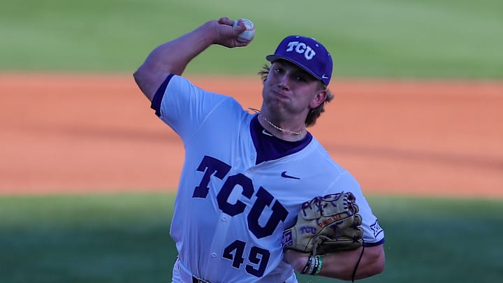 TCU starting pitcher Tommy LaPour delivers a pitch in the series-opener against the Cincinnati Bearcats. (March 9, 2025)