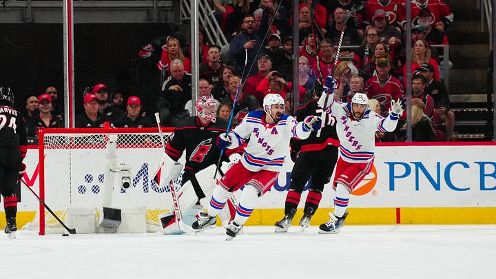 May 16, 2024; Raleigh, North Carolina, USA; New York Rangers left wing Chris Kreider (20) celebrates his goal against the Carolina Hurricanes during the third period in game six of the second round of the 2024 Stanley Cup Playoffs at PNC Arena. Mandatory Credit: James Guillory-USA TODAY Sports