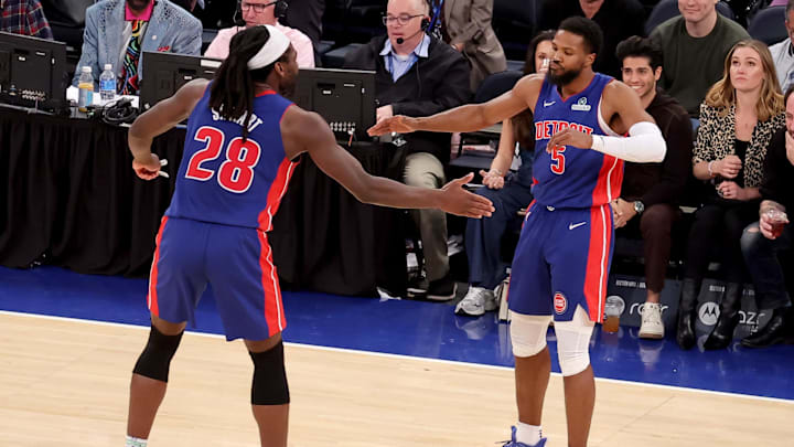 Jan 13, 2025; New York, New York, USA; Detroit Pistons guard Malik Beasley (5) celebrates his three point shot against the New York Knicks with center Isaiah Stewart (28) during the fourth quarter at Madison Square Garden. Mandatory Credit: Brad Penner-Imagn Images