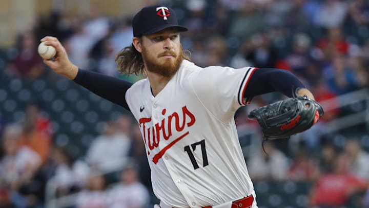 Minnesota Twins starting pitcher Bailey Ober (17) pitches to the Miami Marlins in the first inning at Target Field in Minneapolis on Sept. 24, 2024. 