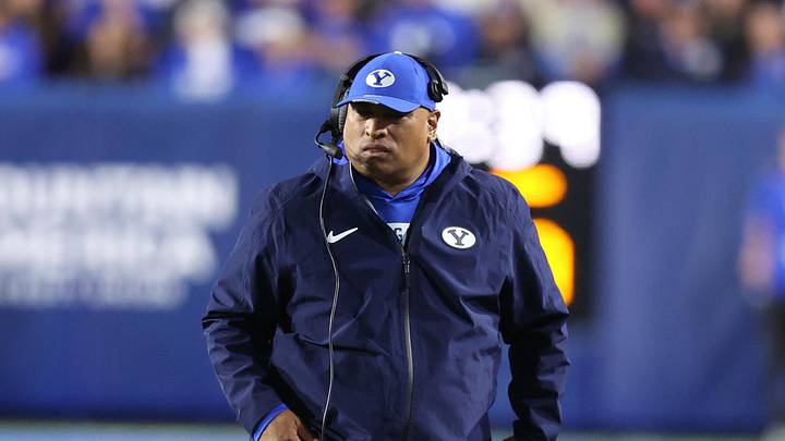 Oct 18, 2025; Provo, Utah, USA; BYU Cougars head coach Kalani Sitake calls a time out against the Utah Utes during the second quarter at LaVell Edwards Stadium. Mandatory Credit: Rob Gray-Imagn Images