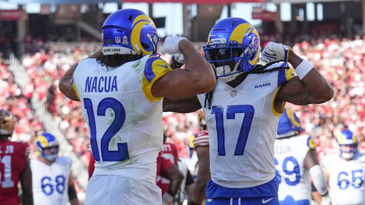 Nov 9, 2025; Santa Clara, California, USA; Los Angeles Rams wide receiver Puka Nacua (12) and Los Angeles Rams wide receiver Davante Adams (17) celebrate after a touchdown during the first quarter against the San Francisco 49ers at Levi's Stadium. Mandatory Credit: Cary Edmondson-Imagn Images