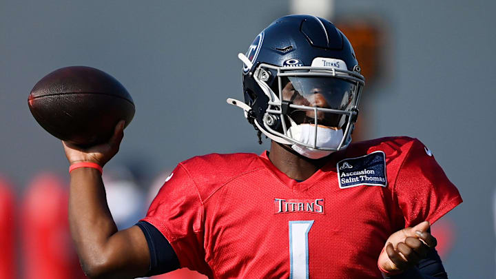 Tennessee Titans quarterback Cam Ward (1) throws the ball during an NFL football training camp practice at Ascension Saint Thomas Sports Park Saturday, Aug. 2, 2025, in Nashville, Tenn.