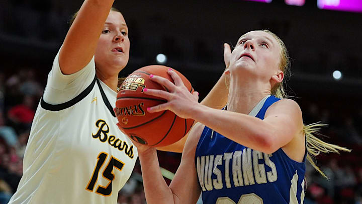 Newell-Fonda guard Rylee Hogrefe (33) drives with the ball to the basket around Bishop Garrigan forward Graclyn Eastman (15) during the second quarter in the 1A girls high school basketball championship game on March 7, 2026, at Casey’s Center in Des Moines, Iowa. Newell-Fonda guard Rylee Hogrefe (33) drives with the ball to the basket around Bishop Garrigan forward Graclyn Eastman (15) during the second quarter in the 1A girls high school basketball championship game on March 7, 2026, at Casey’s Center in Des Moines, Iowa.