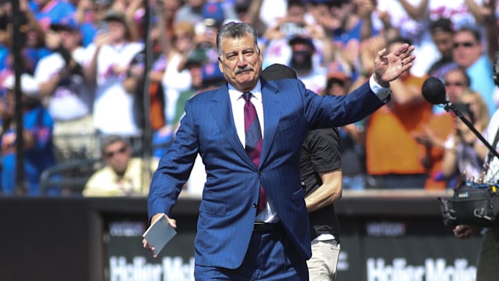 Jul 9, 2022; New York City, New York, USA;  Former New York Mets first baseman Keith Hernandez waves to the crowd at the ceremony to retire his jersey number at Citi Field. Mandatory Credit: Wendell Cruz-Imagn Images