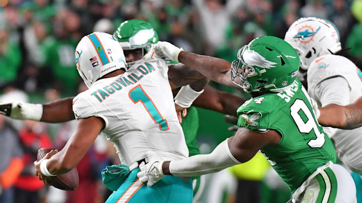 Oct 22, 2023; Philadelphia, Pennsylvania, USA; Miami Dolphins quarterback Tua Tagovailoa (1) is